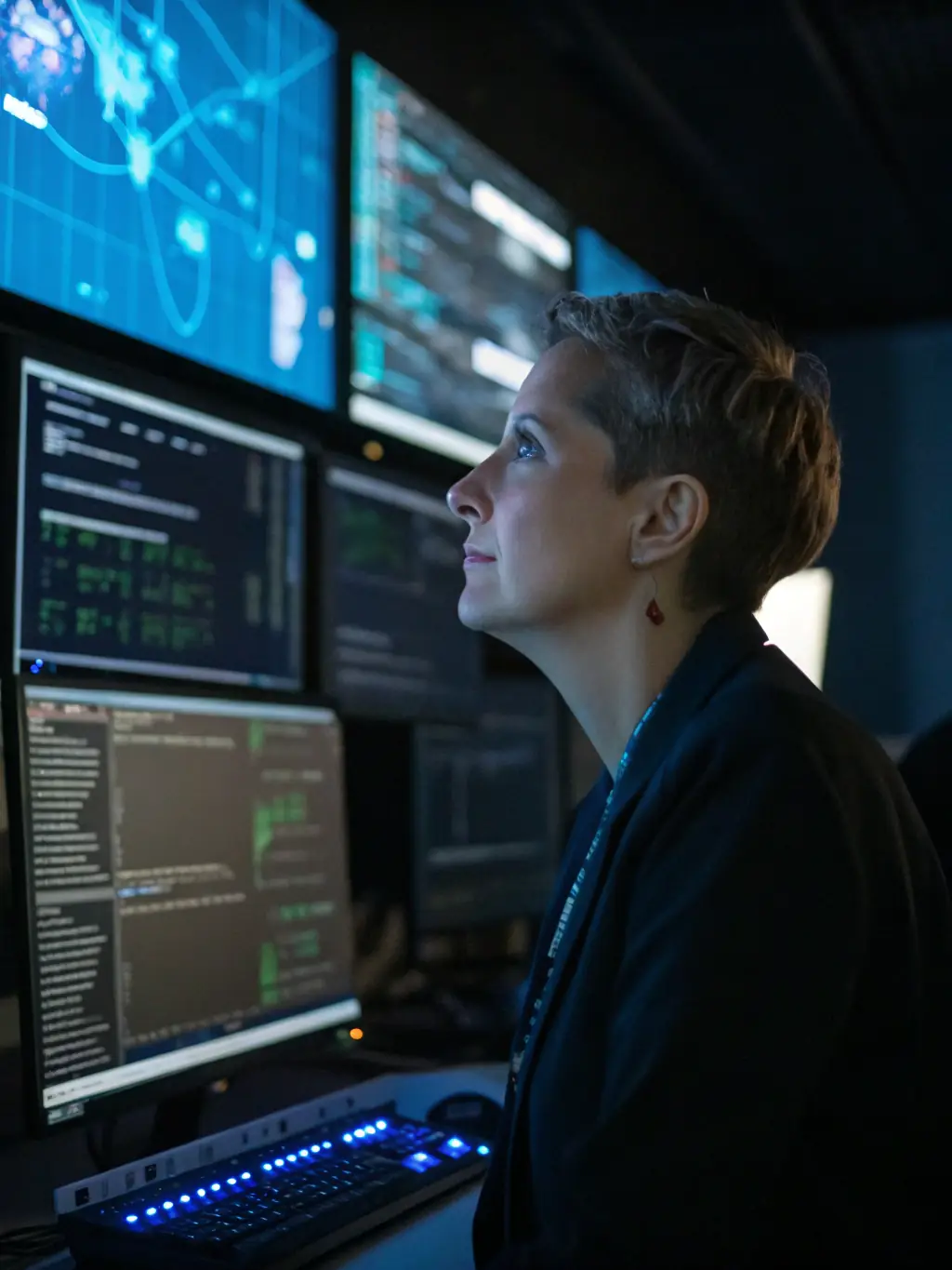 A cybersecurity expert analyzing network traffic, representing Axioma's cybersecurity services.