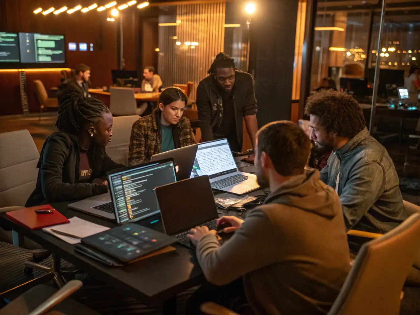 A team of software developers collaborating on a project, showcasing the custom software development process at Axioma IT & AI Consulting. The image should convey innovation and teamwork.