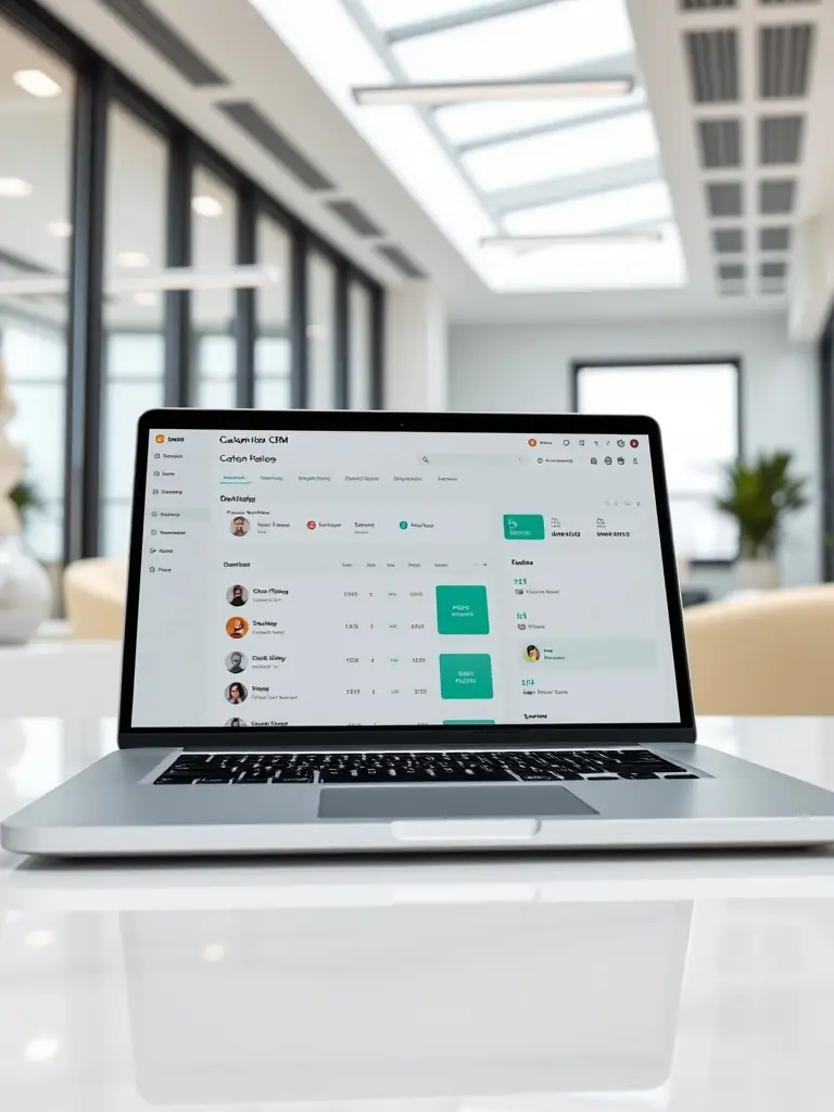 A clean, modern interface of a custom CRM software designed for a small business, displayed on a laptop screen in a bright office setting. The CRM shows customer data, sales pipelines, and reporting dashboards.