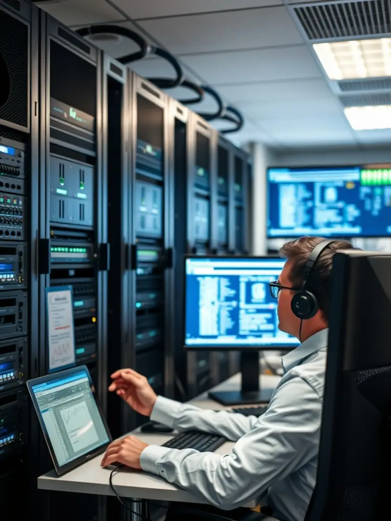 A professional IT consultant is shown analyzing a network diagram on a large monitor, surrounded by team members in a modern office setting, emphasizing collaborative problem-solving.