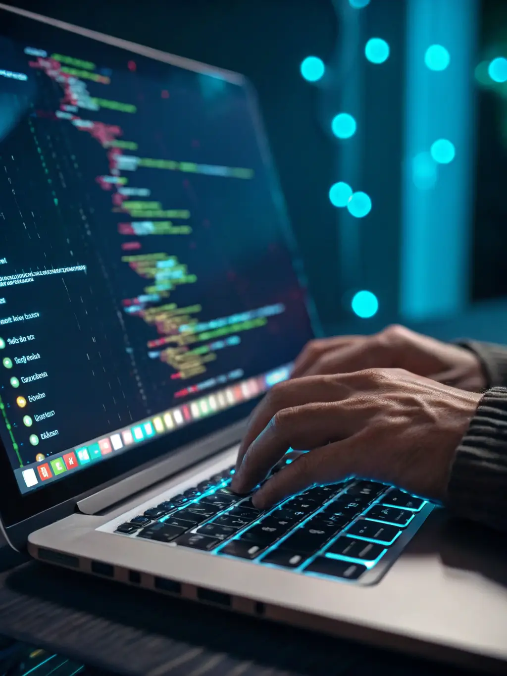 A software developer is depicted writing code on a laptop, with a holographic AI interface overlayed, symbolizing the integration of AI in software development.